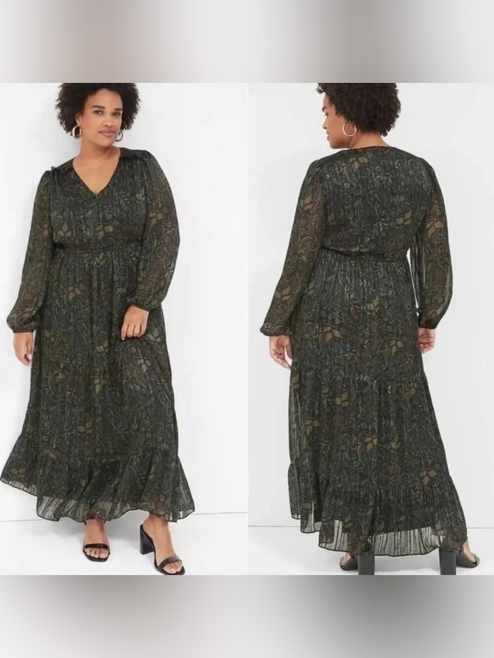 Lane Bryant Long Sleeve Shimmer Green Metallic Maxi Dress 18/20